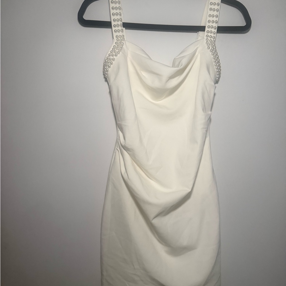 White Sleeveless Pearl-Trim Cowl Neck Dress